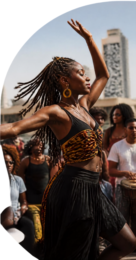 Una bailarina con trenzas y top de estampado africano baila entre percusionistas y público, en una plaza de Dakar.